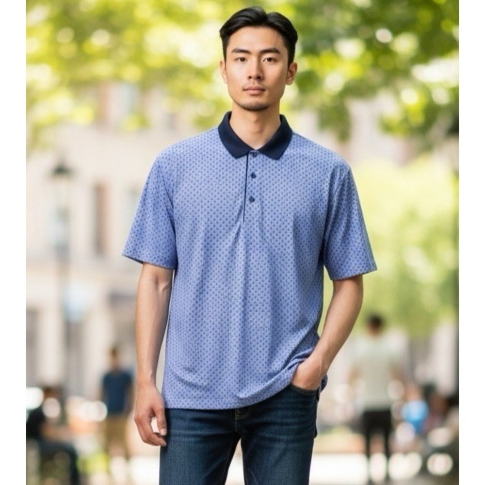 Greyson Golf Men's L Ribbed Trim Polo Shirt Blue Pink Wolf Print EUC